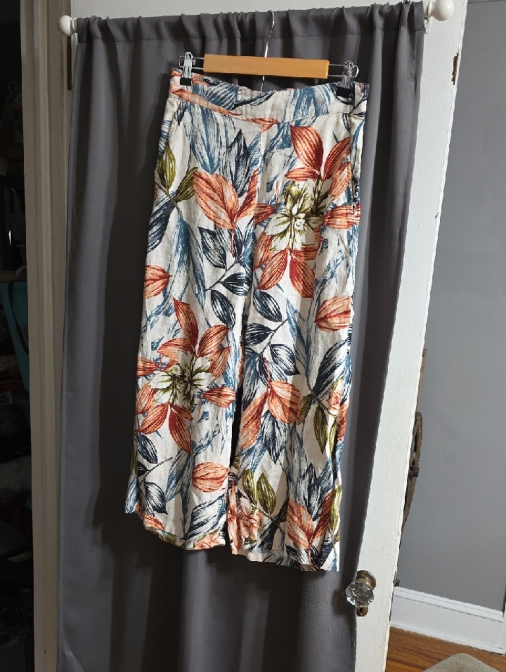 C & C California‎ Women's 100% Linen Wider Leg Ankle Pants Tropical Pockets Sz S
